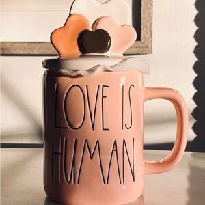 Rae Dunn by Magenta, Pink Love is Human Coffee Mug with Topper, New